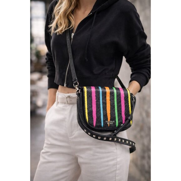 Victorias Secret Colorful Stripe Black Faux Crocodile Crossbody With Studded Str - Picture 2 of 7